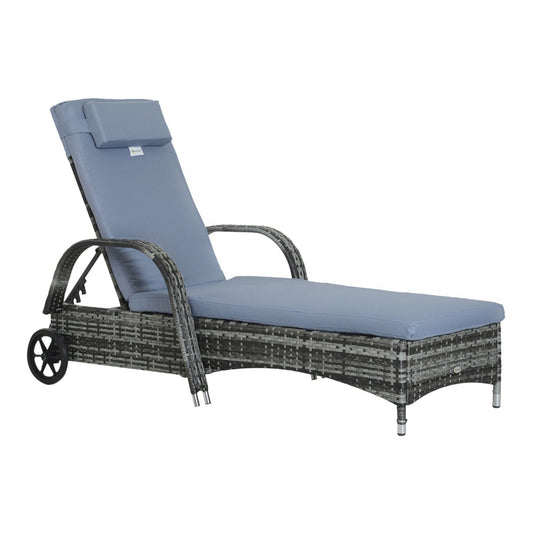 Outsunny Garden Rattan Furniture Single Sun Lounger Recliner Bed in Grey