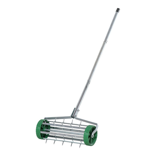 Outsunny Garden Rolling Lawn Aerator Heavy Duty Steel Grass Roller with green wheels and metal spikes