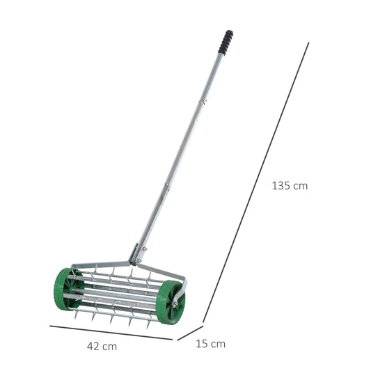 The lawn roller shown with lines indicating its height, width and depth for size reference
