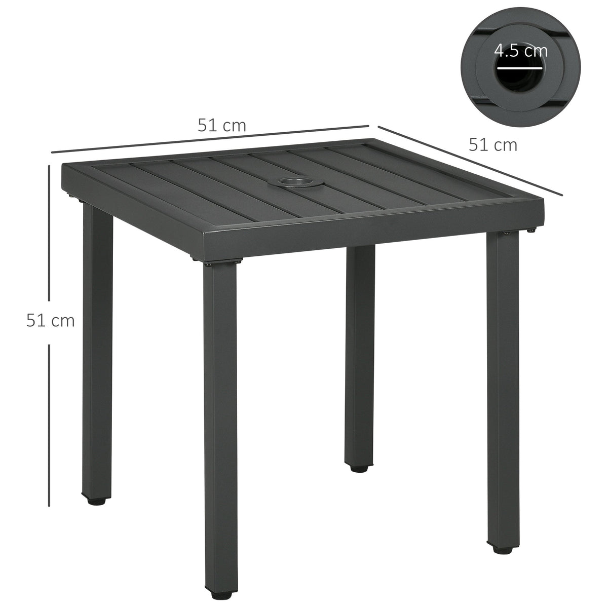 A grey square patio coffee table with dimensions 51cm by 51cm shown with lines and text