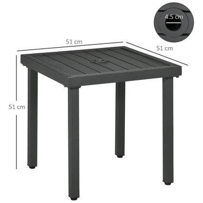 A grey square patio coffee table with dimensions 51cm by 51cm shown with lines and text