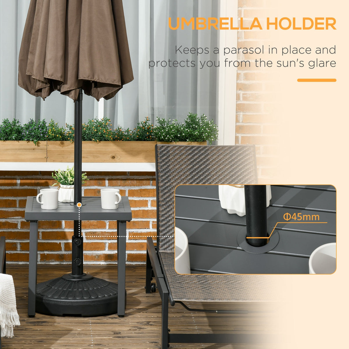 A grey garden table with an umbrella holder detail, showing a parasol base and the umbrella hole