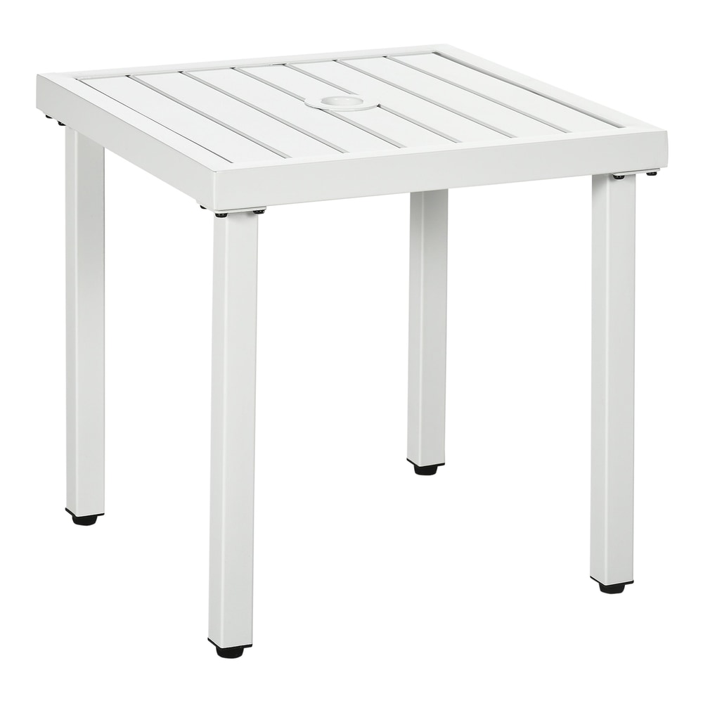 Outsunny Garden Side Table in white with a square slatted top and central hole for a parasol