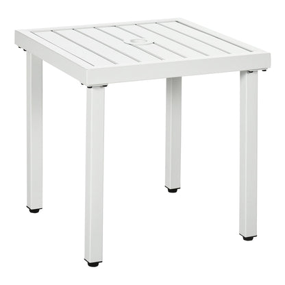 Outsunny Garden Side Table in white with a square slatted top and central hole for a parasol