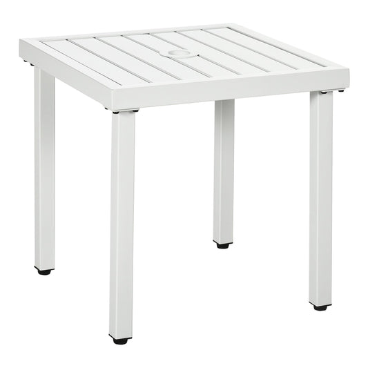 Outsunny Garden Side Table in white with a square slatted top and central hole for a parasol