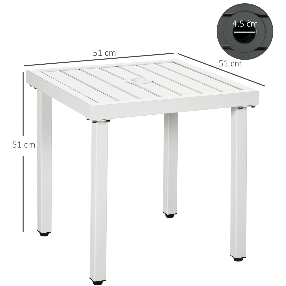 The garden table showing height and width dimensions with a close-up of the parasol hole