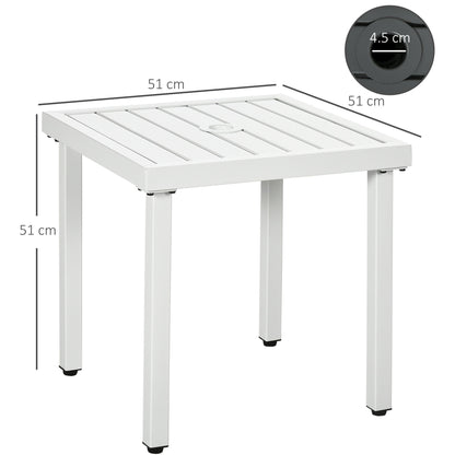 The garden table showing height and width dimensions with a close-up of the parasol hole