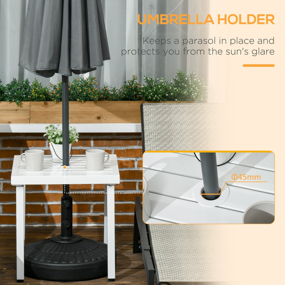 The garden table supporting a parasol pole with a detailed inset showing the hole diameter
