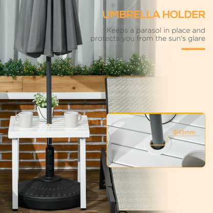 The garden table supporting a parasol pole with a detailed inset showing the hole diameter