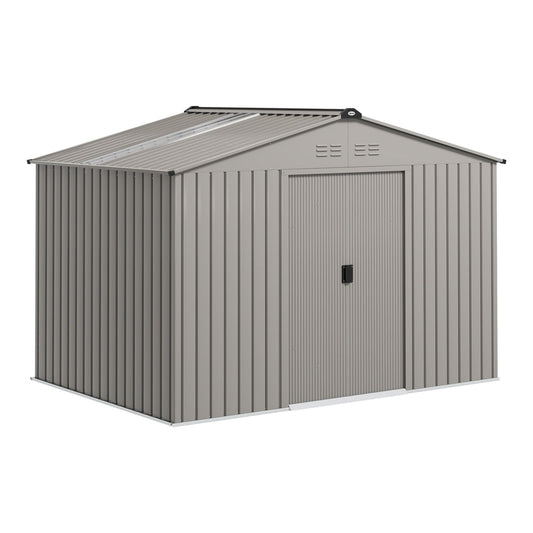 Outsunny Garden Storage Shed, a grey metal outdoor storage shed with double doors and a sloped roof