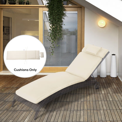 The sun lounger cushion placed on a dark rattan sunbed on a wooden patio