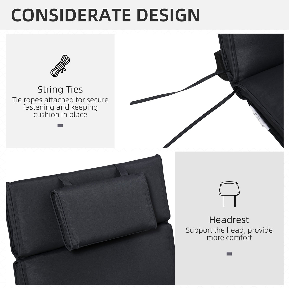 The garden cushion showing the integrated string ties and the headrest design