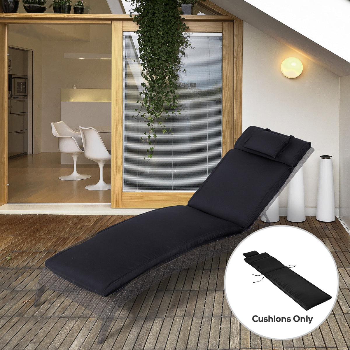 The sun lounger cushion placed on a reclining chair on a wooden patio
