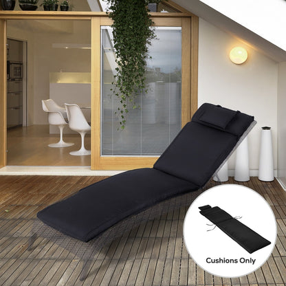 The sun lounger cushion placed on a reclining chair on a wooden patio