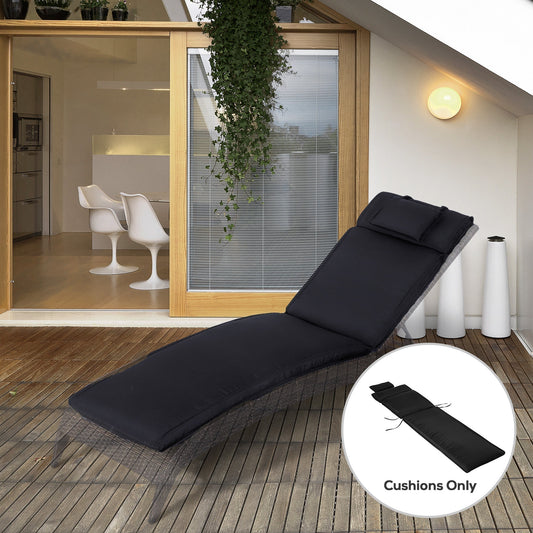 The sun lounger cushion placed on a reclining chair on a wooden patio