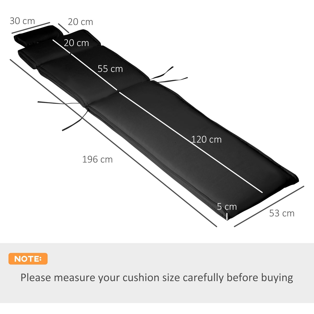 The garden cushion with arrows indicating various dimensions for size reference