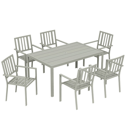 Outsunny Garden Table and Chairs for 6, a light grey metal dining set with six chairs and a rectangular table