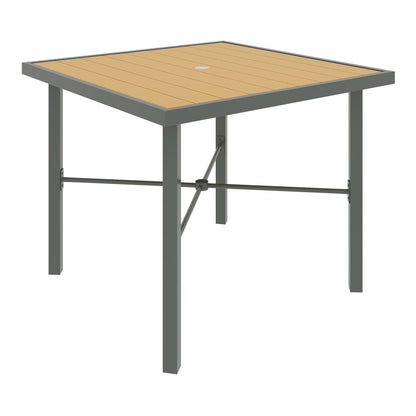 Outsunny Garden Table for 4, a square outdoor dining table with a wood effect top and grey metal frame