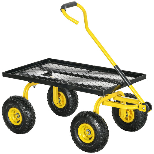 Outsunny Garden Trolley Cart, a yellow and black heavy duty garden cart with four pneumatic wheels and a rotating handle