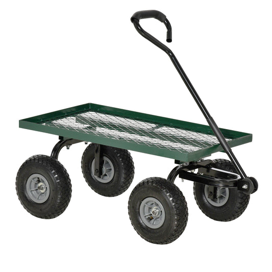 Outsunny Garden Trolley Cart with a metal frame and four pneumatic wheels on a white background