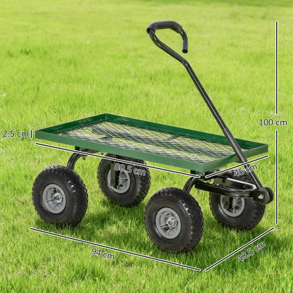 Garden trolley cart with dimensions shown in cm on a grassy background