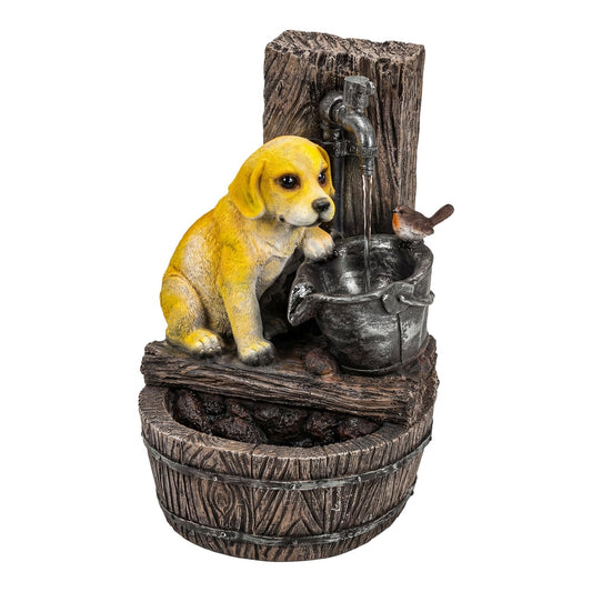 Outsunny Garden Water Feature with 3-Tier Rustic Puppy Design, a cute puppy sits by a bucket with water trickling from a tap