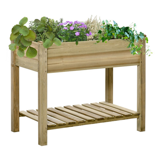 Outsunny Garden Wooden Planters raised garden bed with legs and storage shelf, filled with plants
