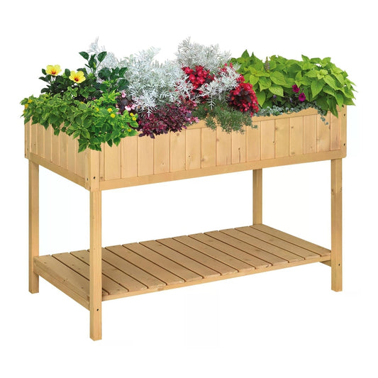 Outsunny Garden Wooden Planters filled with colourful flowers and green plants on a white background
