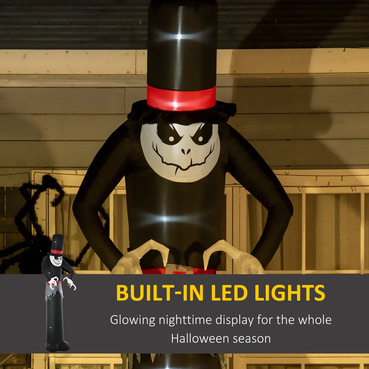 Close up of the Halloween inflatable ghost showing its built-in LED lights and smiling face