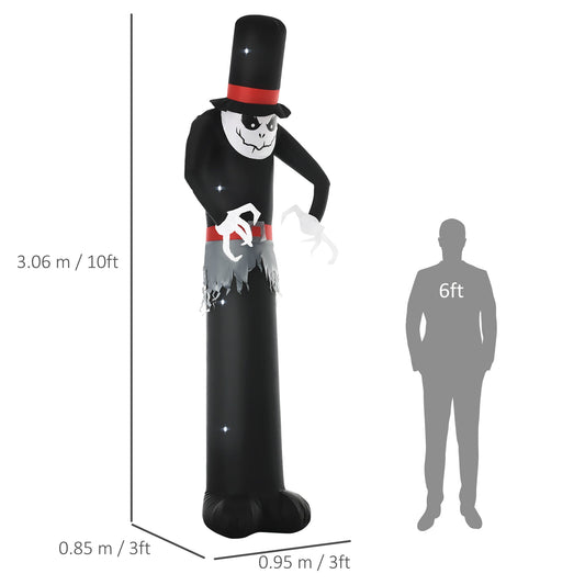 The tall Halloween inflatable ghost is shown next to a diagram indicating its height and width