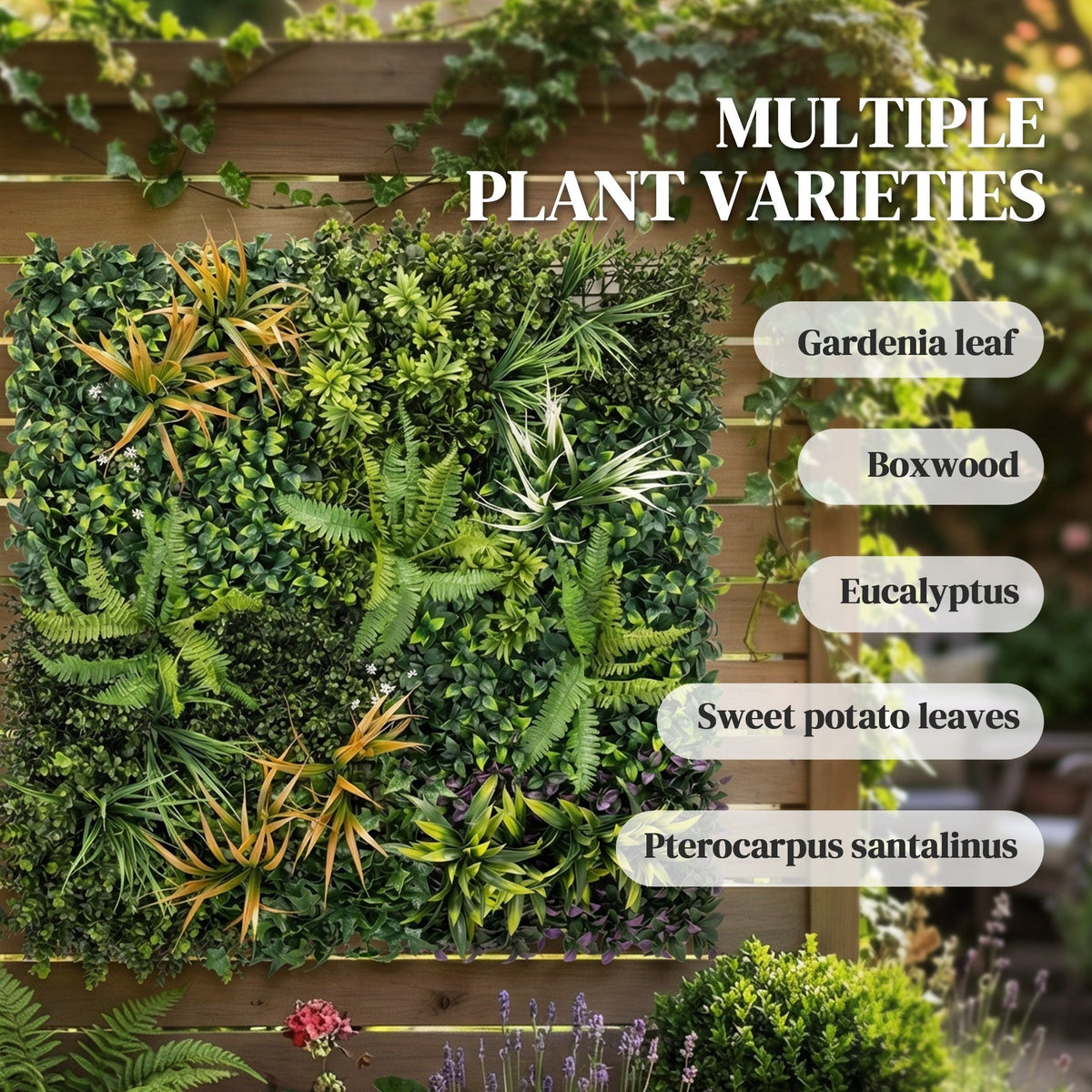 Artificial grass wall panels showing multiple plant varieties including gardenia leaf and boxwood
