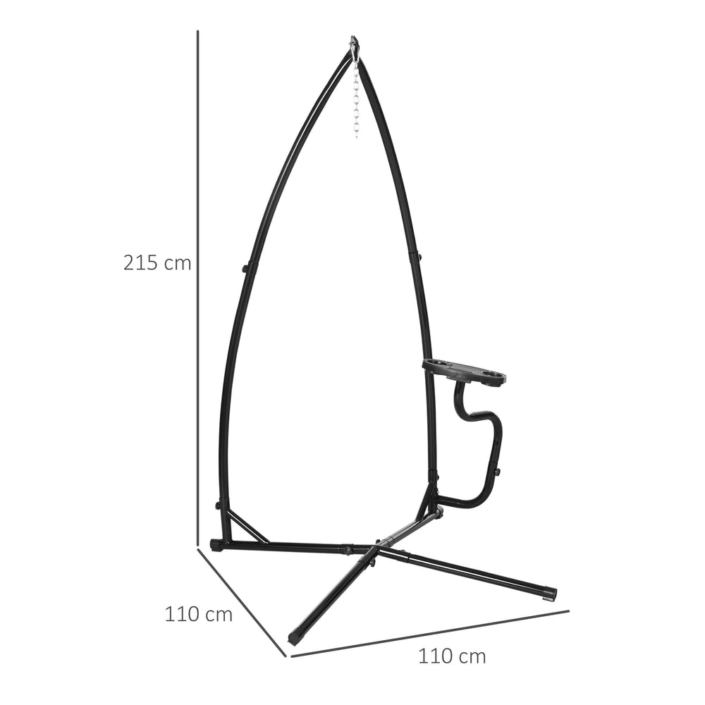 Black metal C-stand for a hanging hammock chair, showing dimensions
