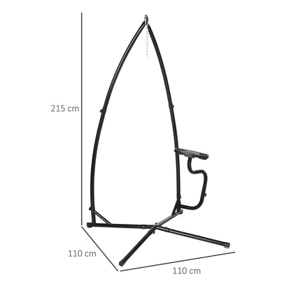 Black metal C-stand for a hanging hammock chair, showing dimensions