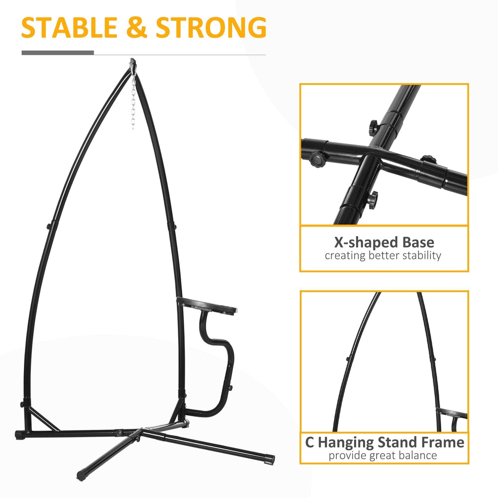 Close up of the metal hammock chair stand showing its stable X-shaped base