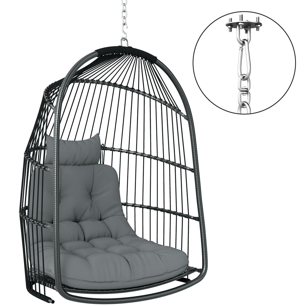 Outsunny Hanging Egg Chair with a grey cushion and headrest, showing the chain and carabiner fitting