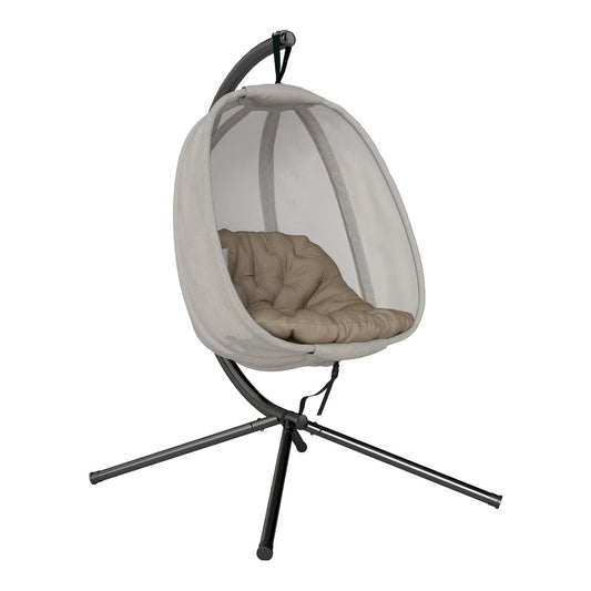 Outsunny Hanging Egg Chair with a khaki cushion and black metal stand on a white background