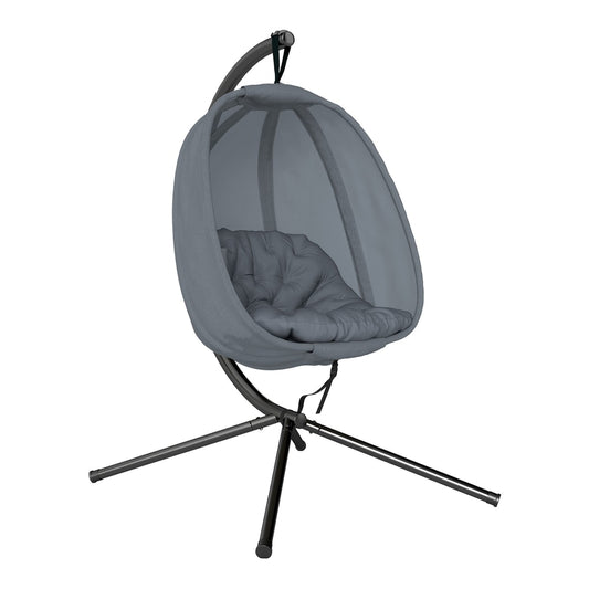 Outsunny Hanging Egg Chair in grey with a padded cushion and a metal stand