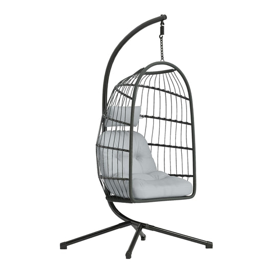 Outsunny Hanging Egg Chair with a grey cushion and headrest, on a black metal stand