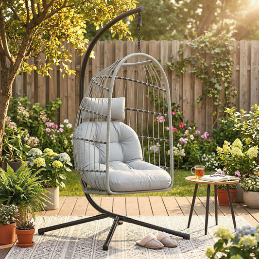 The light grey egg chair swing is set up on a patio with a small table and slippers nearby