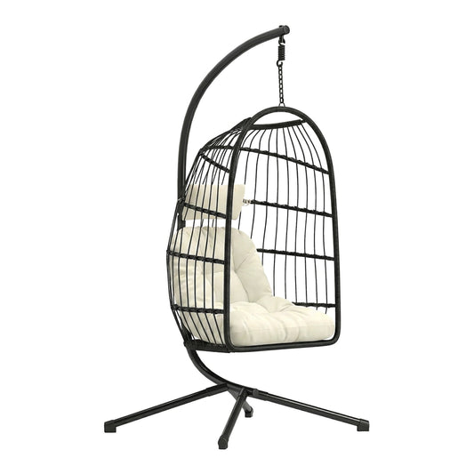 Outsunny Hanging Egg Chair with a cream white cushion and black metal frame, on a white background