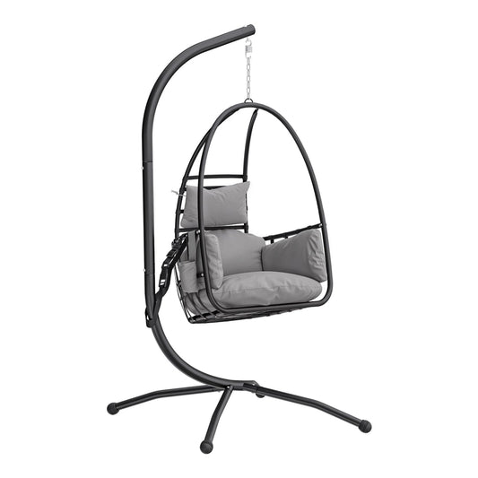 Outsunny Hanging Egg Chair with dark grey cushions and a black metal frame, shown on a white background