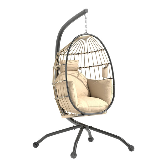 Outsunny Hanging Egg Chair with a black metal frame and a beige cushion on a white background
