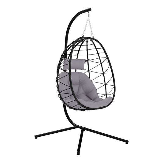 Outsunny Hanging Egg Chair with a grey cushion and headrest on a black metal stand