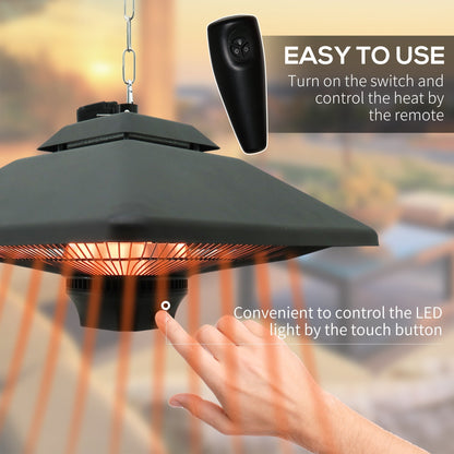 A hand touching the button on the patio heater to operate the integrated LED light