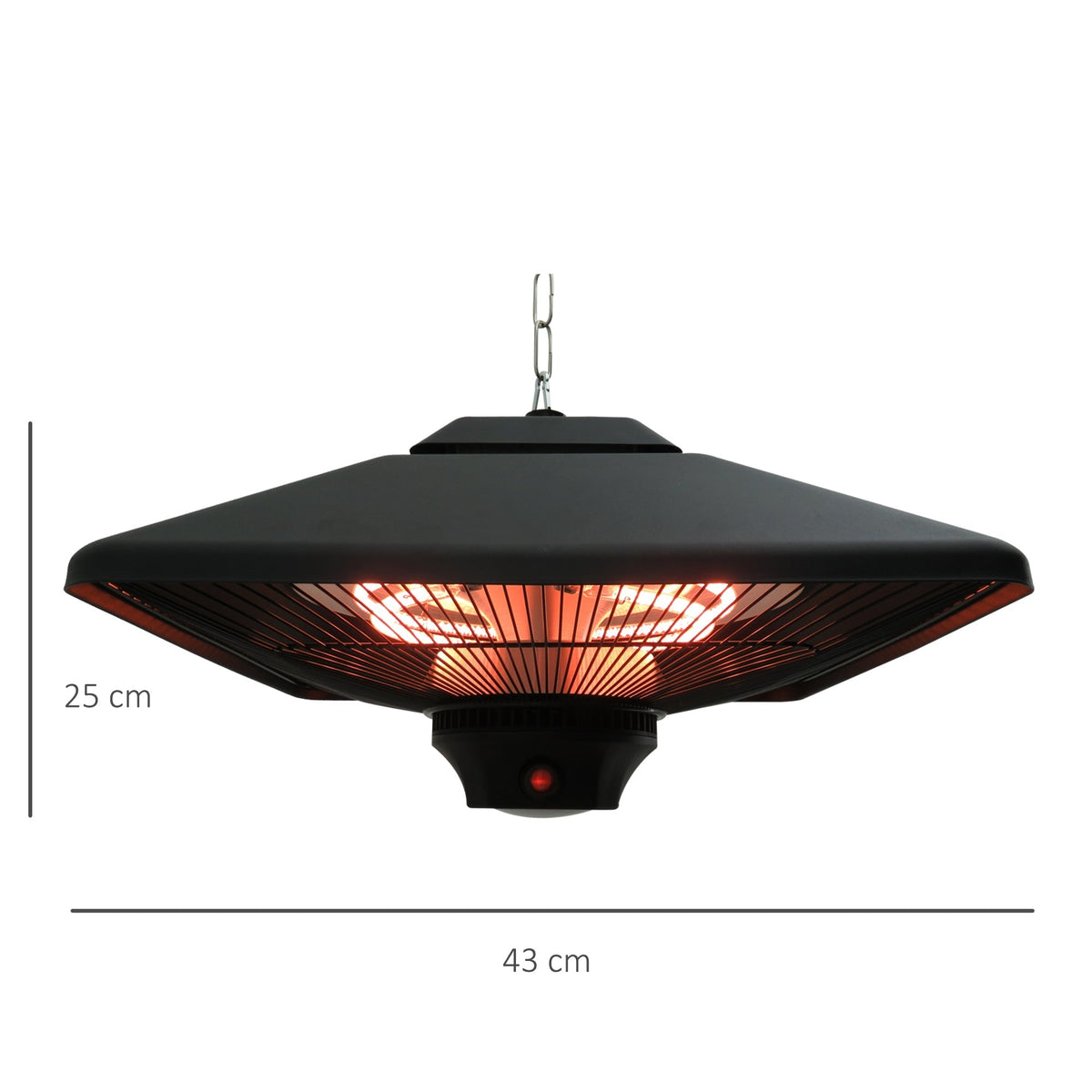 The patio heater shown against a white background with lines indicating its dimensions