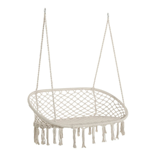 Outsunny Hanging Hammock Chair Cotton Rope Porch Swing in cream white with macrame seat and fringe detail