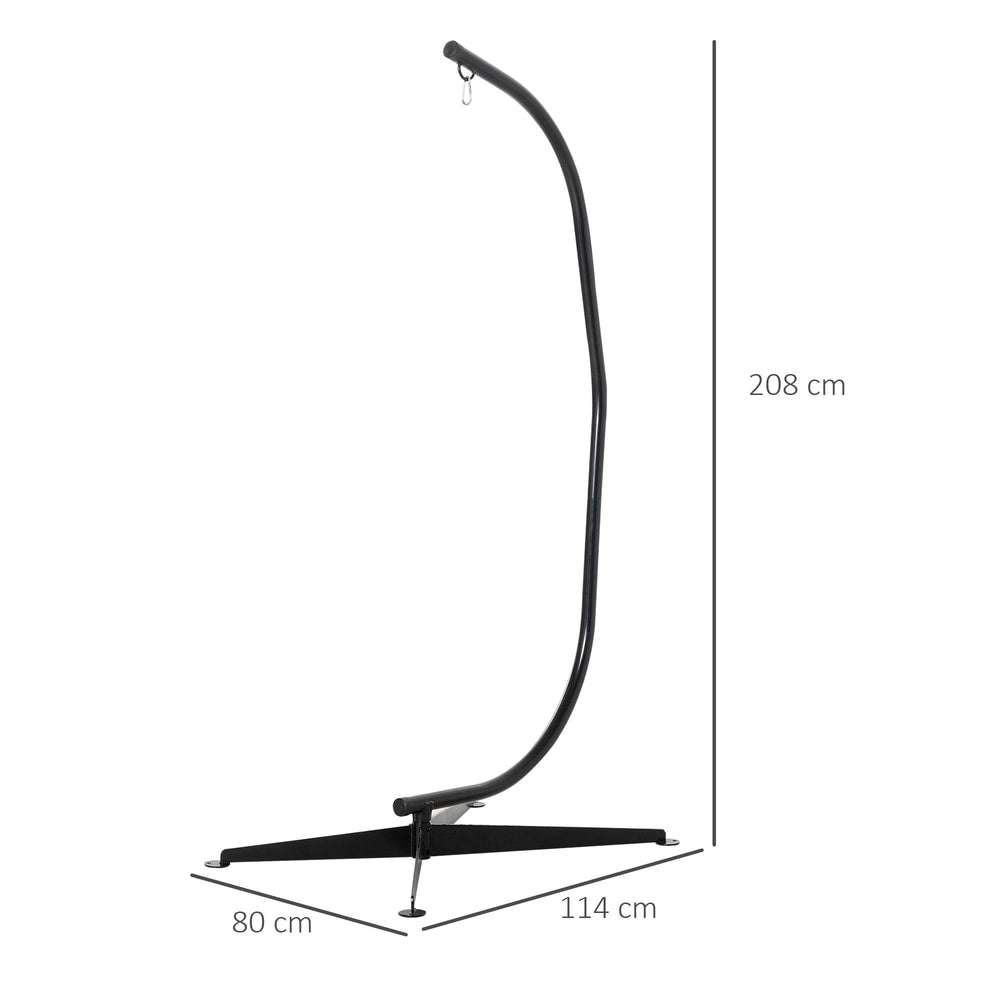 A black steel hammock stand shown with dimensions for height and width