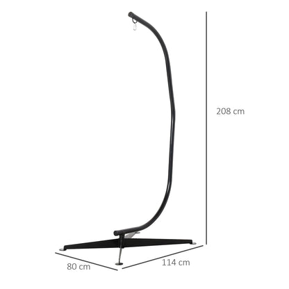 A black steel hammock stand shown with dimensions for height and width