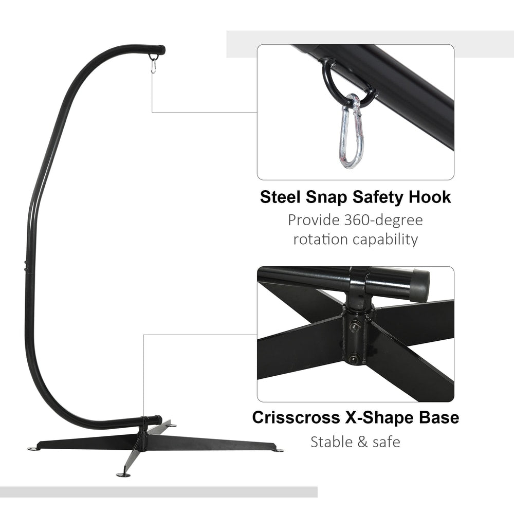 Close-up details of the steel hammock stand, showing the snap hook and the X-shaped base