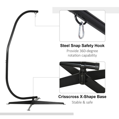 Close-up details of the steel hammock stand, showing the snap hook and the X-shaped base